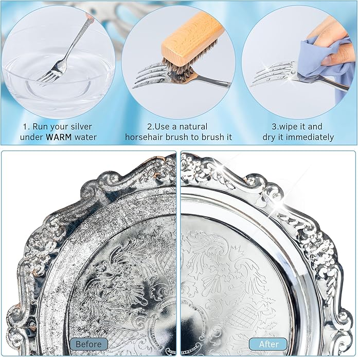 BFWood Horsehair Silver Brush - Detailing Brush Set for Silverware - Jewelry Cleaning Brushes for Sterling, Cutlery, Metal - Perfect Match for Silver Polish