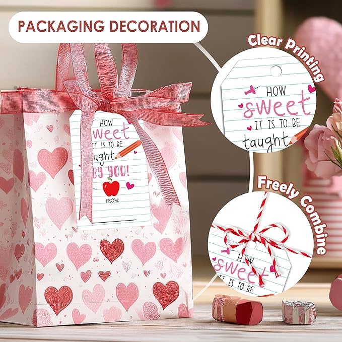 50Pcs Teacher Valentine's Day Tag - Happy Valentine Tags with String, Sweet Teacher Gift Label Idea Valentines Activity School Classroom Party Favors