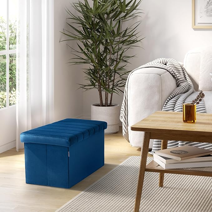 Seville Classics Cushioned Fabric Ottoman Hidden Storage Chest Footrest Chair, Padded Seat for Bedroom, Dorm, Loft, Living Room, Entryway, Hallway, Blue Velvet, 30" Bench
