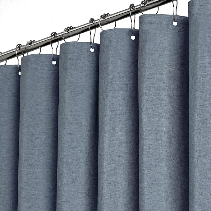 BTTN 78 Inch Long Shower Curtain - Linen Textured Thick Weighted Fabric Shower Curtain Set with 12 Plastic Hooks, Neutral Waterproof Polyester Bath Curtains for Bathroom and Bathtubs, 72x78, Blue Gray