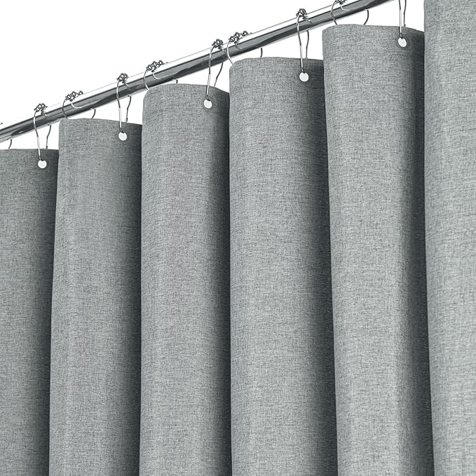 BTTN Extra Long Fabric Shower Curtain - 72x90 Inch Linen Textured Heavy Duty Cloth Shower Curtain Set with 12 Plastic Hooks, Large Modern Hotel Luxury Polyester Shower Curtains for Bathroom, Gray/Grey
