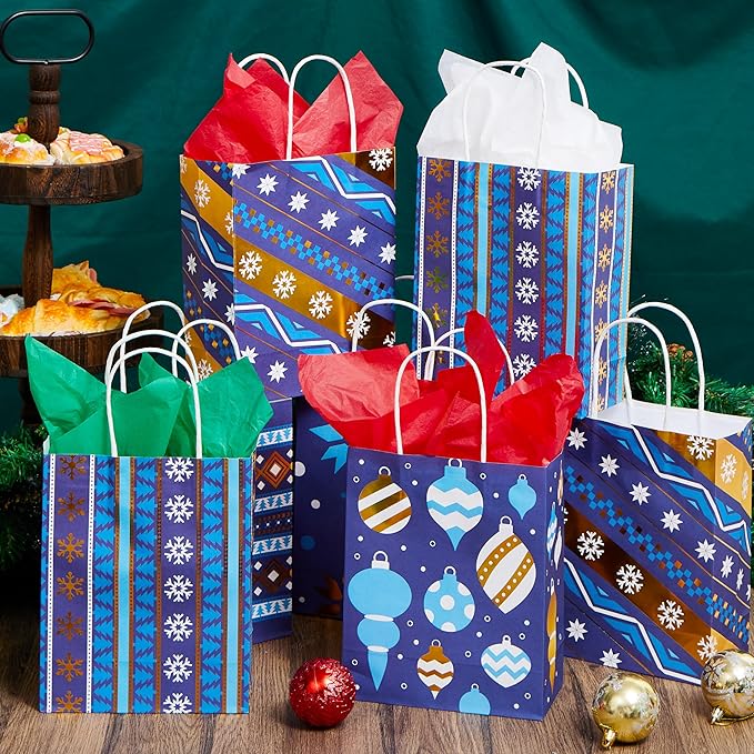 JOYIN 24 PCS Christmas Kraft Gift Bags Xmas Holiday Present Wrapping Paper Goody Bags with Handles for Classrooms and Wedding Decor, Party Favors and Decor Supplies (Blue, 9 x 7.3 x 3.3)