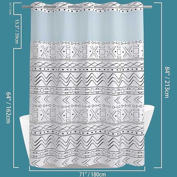 Conbo Mio Extra Long No Hook Boho Shower Curtain with Snap in Liner Set, Hotel Luxury White Shower Curtains for Bathroom with See Through Top Window, Waterproof, Washable 71W x 84H