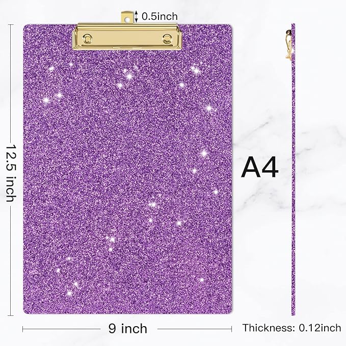 Piasoenc Acrylic Clipboards, Fashion Glitter Clip Board with Low Profile Gold Clip, Designed for Classroom School and Office Use, A4 Letter Size 9 x 12.5 in,Purple