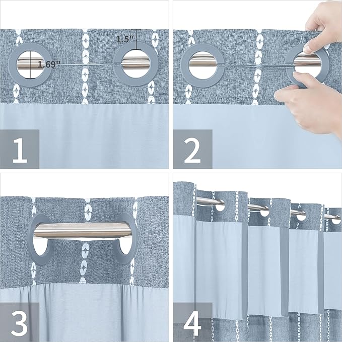 No Hook Extra Long Shower Curtain Set with Snap-in Liner,Linen Textured Thick Striped Fabric with Tassels,Boho Chic Modern Farmhouse Bathroom Curtain,Water-Repellent,Blue,71x86