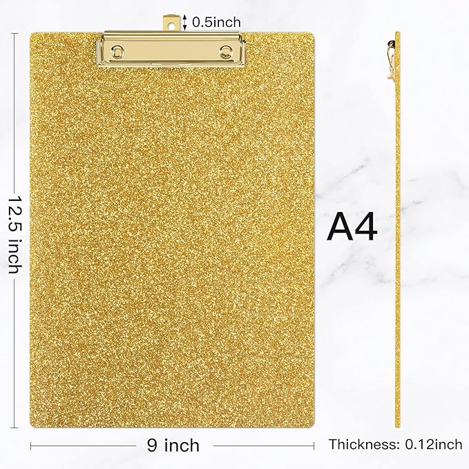 Piasoenc Acrylic Clipboards, Fashion Glitter Clip Board with Low Profile Gold Clip, Designed for Classroom School and Office Use, A4 Letter Size 9 x 12.5 in,Gold