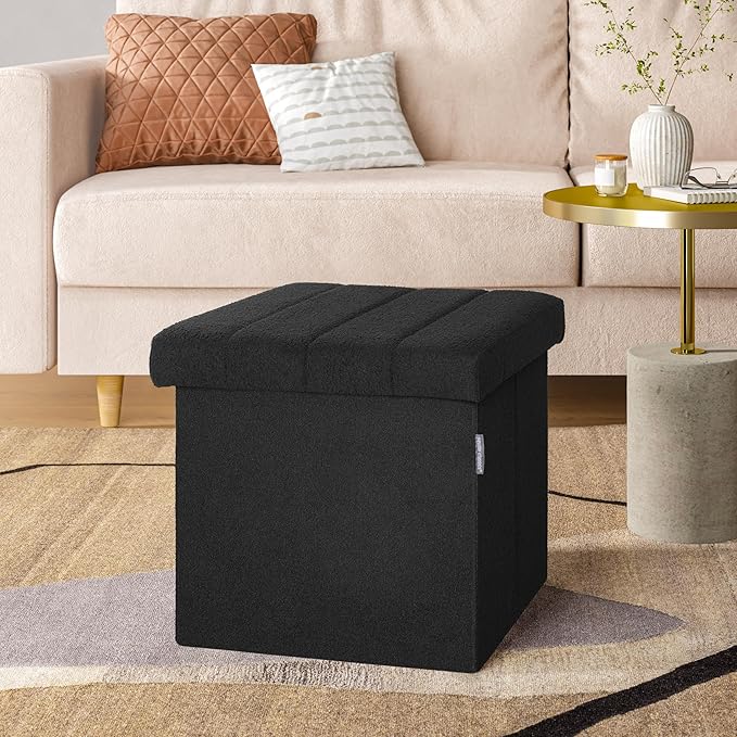 Seville Classics Cushioned Fabric Ottoman Hidden Storage Chest Footrest Chair, Padded Seat for Bedroom, Dorm, Loft, Living Room, Entryway, Hallway, Black Boucle, 15.7" Cube