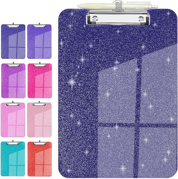 Sparkly Clipboard with Pen Holder, Clear Plastic Glitter Clip Board, Hanging Shiny Clipboards with Low Profile Metal Clip, Letter A4 Size for Taecher Women Office School (Navy Blue)