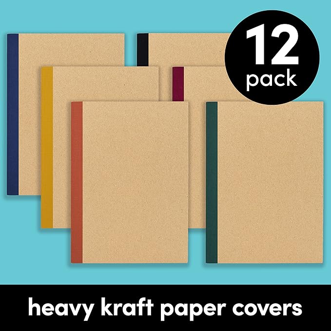 PAPERAGE 12-Pack Composition Notebook Journals, 120 Pages, Kraft Cover with Jewel Tone Spines, College Ruled Lined Paper, Small Size (8 in x 5.75 in) – for Home, Office or School Supplies