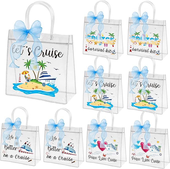H1vojoxo Summer PVC Gift Bags - 24PCS Cruise Clear PVC Gift Bags with Handle and Blue Ribbon 4 Styles Waterproof and Reusable Cruise Beach Theme Transparent Tote Bag Nautical Party Favor Bag