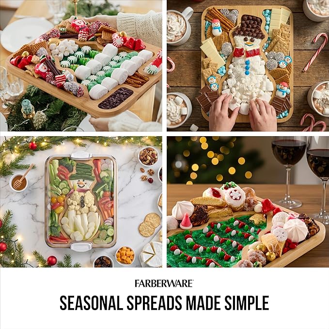 Farberware Build-A-Board Snowman Shaped Bamboo Serving Board with Clear Lid, Make and Take Holiday Charcuterie and Dessert Tray