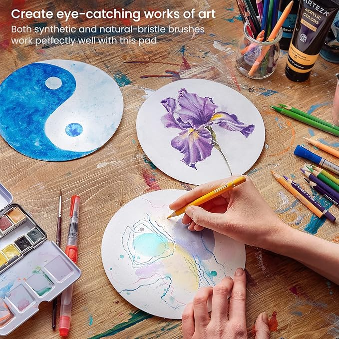 ARTEZA Watercolor Paper, 20 Sheets, 7 Inch Diameter Round Paper Pads, 140lb/300gsm, 100% Cotton, Cold Press, Acid Free Art Paper