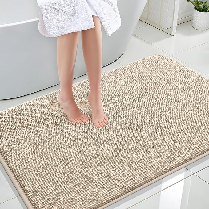 OLANLY Thick Memory Foam Bath Mat Rug 47x32, Extra Soft Absorbent Bathroom Rug, Quick Dry Bath Mats, Non-Slip, Machine Washable Carpet for Bathroom, Tub and Shower, Home Decor Accessories, Beige
