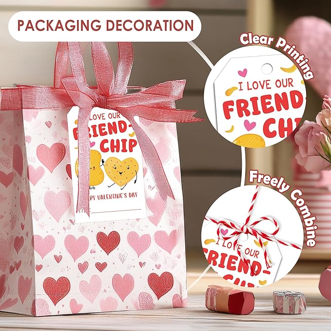50Pcs Friend-chip Valentines Tags, Valentines Gift Label with String, Hanging Paper Gift Label for Wrapping Treat Bag, Idea Valentine's Activity School Classroom Party Favors