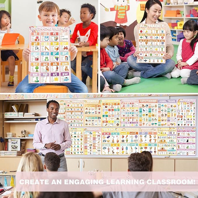 YIYDONG 16 Phonics Posters for Classroom - Learning Posters for Sound Wall Phonics Digraphs Blends Syllable Types Vowel Sounds Poster for Kindergarten, Elementary, Homeschool Supplies (Bright Color)