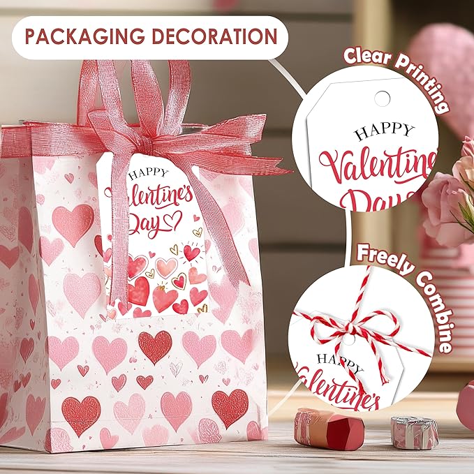 50Pcs Happy Valentines Tags for Bags - Valentine Gift Tags with String, Hanging Paper Gift Label for Wrapping Treat Bag, Idea Valentines Activity Party Favors