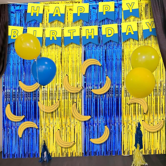Epakh 39 Pcs Banana Cartoon Birthday Party Decorations Includes 24 Pieces Paper Cards Decor 13 Pcs Happy Birthday Banner 2 Pcs Foil Fringe Curtain Backdrop for Photo Prop Themed Party Supplies