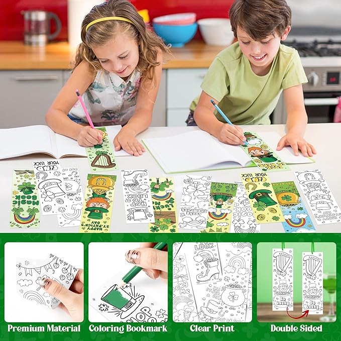 100Pcs St. Patrick’s Day Color Your Own Bookmarks Shamrock Lucky Clover DIY Coloring Blank Bookmarks with Ribbon Irish Holiday Art Crafts Supplies Classroom Reward Gifts Party Favors for Kids Students