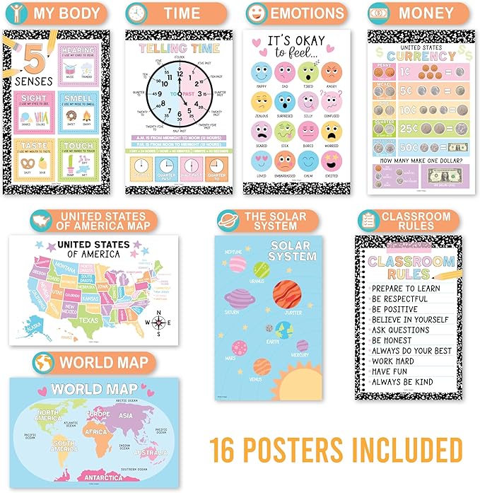 Hadley Designs 16 Educational Posters for Toddlers 1-3 - Learning Poster for Kids Ages 3-5, Alphabet Chart Playroom Homeschool Daycare & Classroom Decor, Kindergarten & Preschool Classroom Must Haves