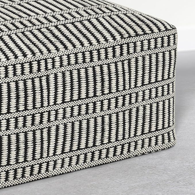 SIMPLIHOME Safford Square Pouf - 20 inch Wide Upholstered PET Polyester Ottoman in Cream White and Deep Black, Boho Indoor/Outdoor Footstool or Extra Seating for Living Room or Patio, Assembled