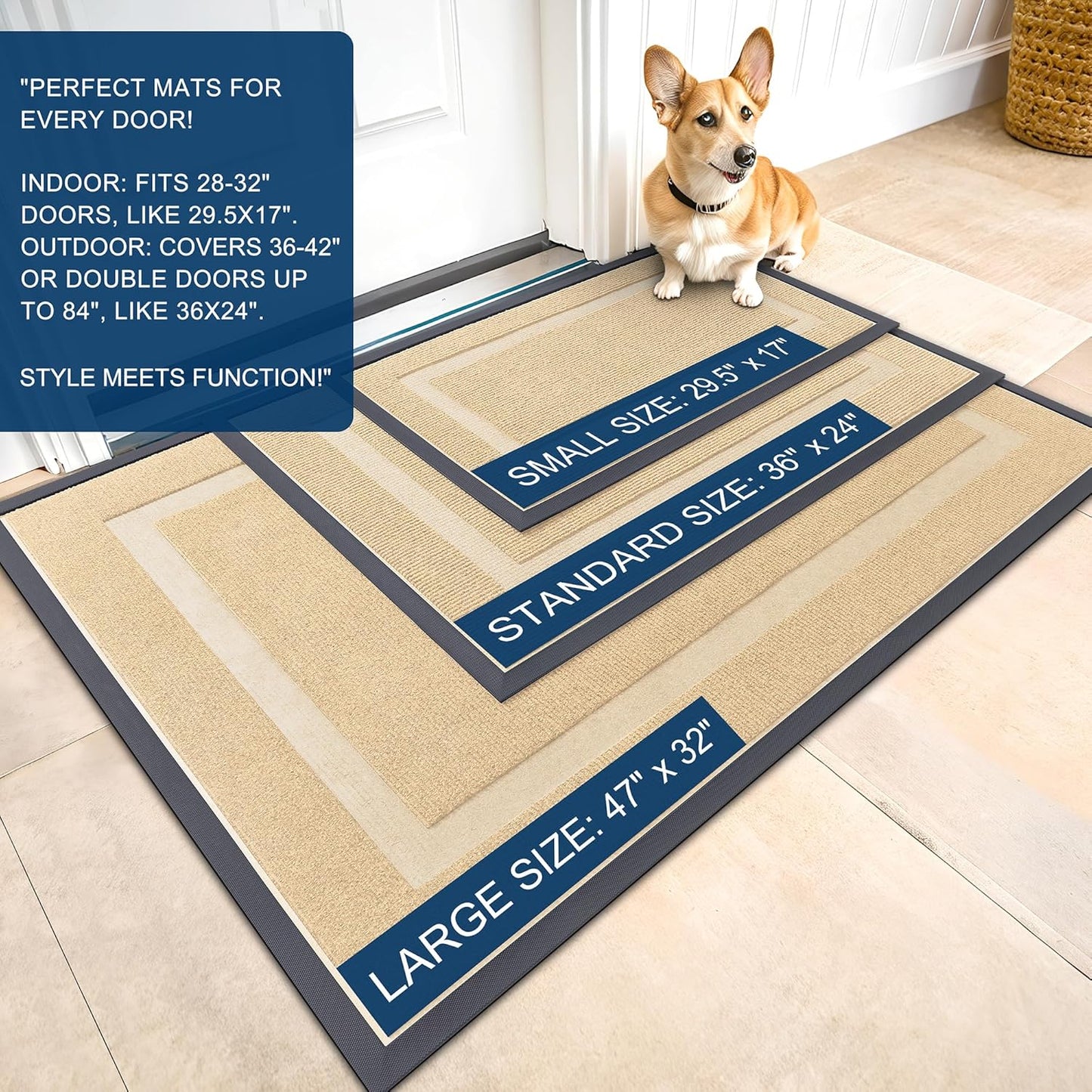 OLANLY Front Door Mat Indoor Outdoor Entrance, Waterproof All-Season, All-Weather Doormat, Sturdy Natural Rubber, Fade Resistant, Low Profile, Easy Clean Patio Porch Entryway Mat, 59x20, Beige