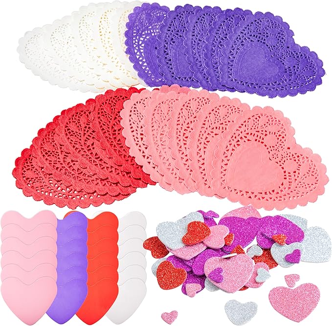 JOYIN 126+ Pcs Valentines Day Craft Gift Set with 100 Heart Doilies, 24 Pcs Foam Doilies and 2 Bags Foam Heart Stickers for Kids, Tableware Decoration, Home Activitie, Kitchen Disposable Table Craft