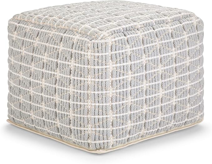 SIMPLIHOME Noreen Square Pouf - 18 inch Wide Upholstered Handwoven Cotton Ottoman in Light Blue and White, Boho Footstool or Extra Seating for Living Room with Polystyrene Filling, Assembled