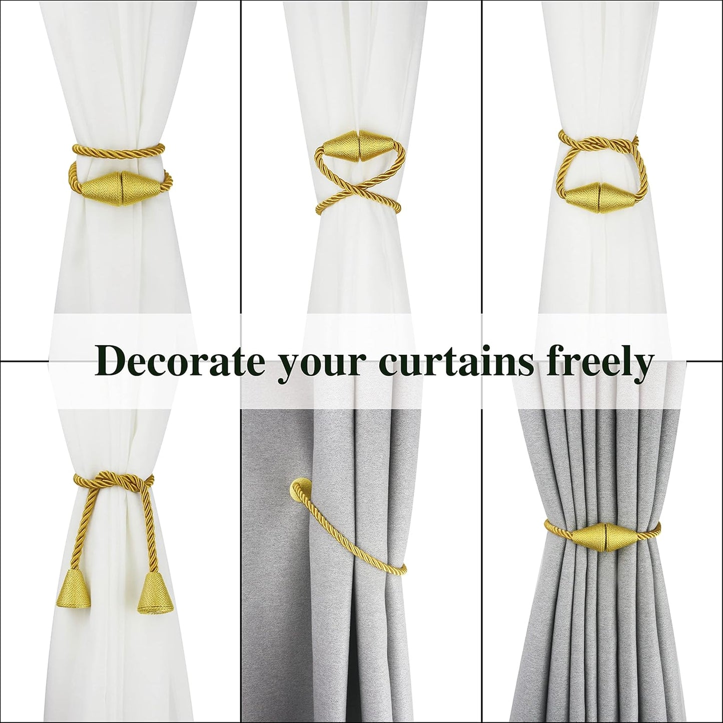 4 Pack Magnetic Curtain Tiebacks Rope Modern Handmade Curtain Tie Backs Decorative Drapes Weave Holdbacks for Window Décor, Gold