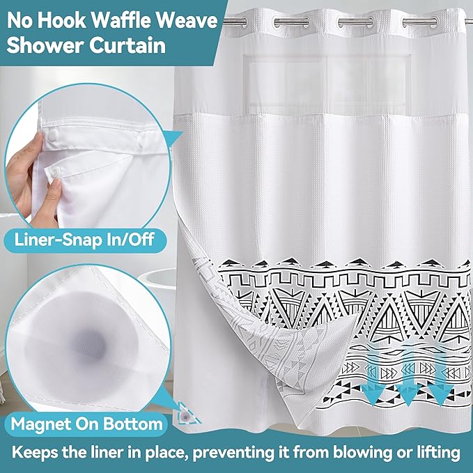 Conbo Mio No Hook Waffle Weave Shower Curtain with Snap in Liner Set, Hotel Luxury Boho Shower Curtains for Bathroom with See Through Top Window, Waterproof, Washable 71W x 74H White
