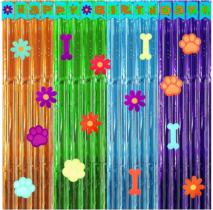 Epakh 39 Pcs Cartoon Dog Birthday Party Decorations Includes 24 Pieces Paper Cards Decor 13 Pcs Happy Birthday Banner 2 Pcs Foil Fringe Curtain Backdrop for Photo Prop Themed Party Supplies