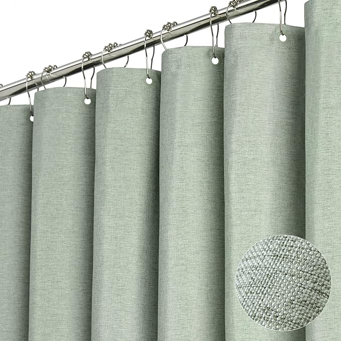 BTTN 60 Inch Stall Fabric Shower Curtain - Linen Textured Heavy Duty Shower Curtain Set with 10 Plastic Hooks, Narrow Waterproof Decorative Bath Curtains for Bathroom and Bathtubs - 60x72 - Sage Green