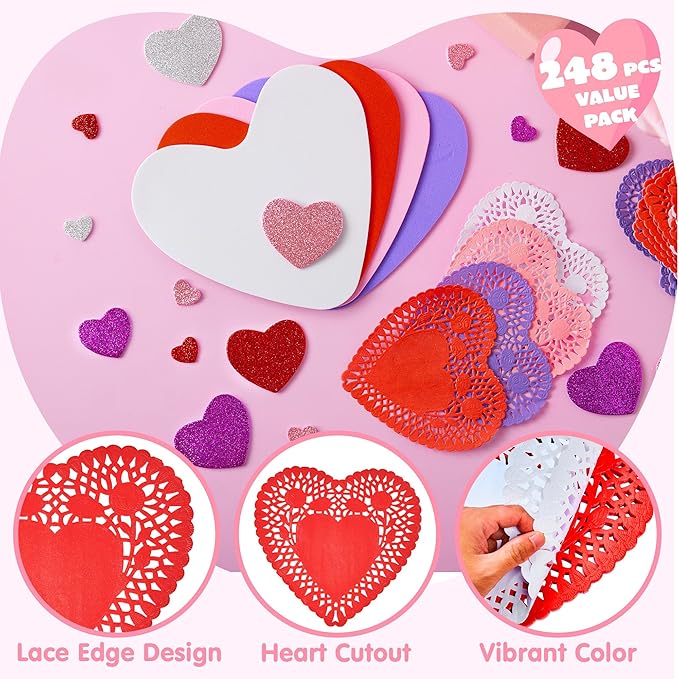 JOYIN Valentine Day 248 Pcs Heart Doilies Craft Gift Set with 200 Packs Heart Paper Doilies 48 Pcs Foam Crafts and 4 Bags of Glitter Foam Stickers for Valentine's Day Party Tableware Decoration