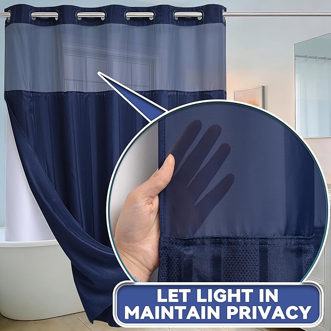 Conbo Mio No Hook Waffle Weave Shower Curtain with Snap in Liner Set, Hotel Luxury Dark Blue Shower Curtains for Bathroom with See Through Top Window, Waterproof, Washable 71W x 74H Stripe