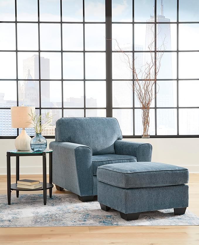 Signature Design by Ashley Cashton Contemporary Accent Ottoman with Faux Wood Finished Exposed Feet, Foam Cushion, Crosshatched Upholstery, 30" by 24", Blue