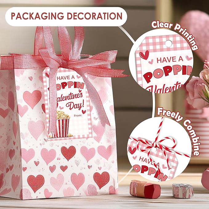 Have A Poppin Valentines Day Sticker Label, 50 Pcs Valentine Gift Tags with String, Gift Tag Paper Tags Labels Idea Valentines Activity School Classroom Party Favors-Pink Plaid
