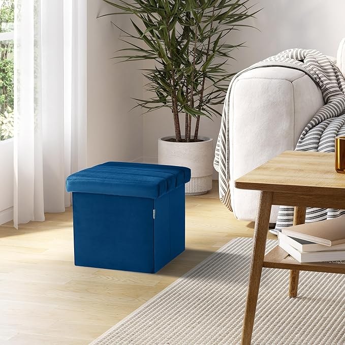 Seville Classics Cushioned Fabric Ottoman Hidden Storage Chest Footrest Chair, Padded Seat for Bedroom, Dorm, Loft, Living Room, Entryway, Hallway, Blue Velvet, 15.7" Cube