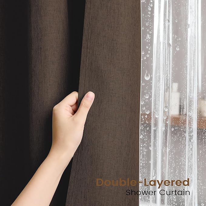 BTTN Brown 3 in 1 Shower Curtains with Clear Liner, Linen Textured Decorative Cloth Shower Curtain PEVA Liner Set with Plastic Hook, Modern Hotel Luxury Waterproof Shower Curtain for Bathroom, 72x72