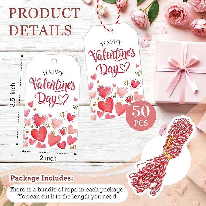 50Pcs Happy Valentines Tags for Bags - Valentine Gift Tags with String, Hanging Paper Gift Label for Wrapping Treat Bag, Idea Valentines Activity Party Favors