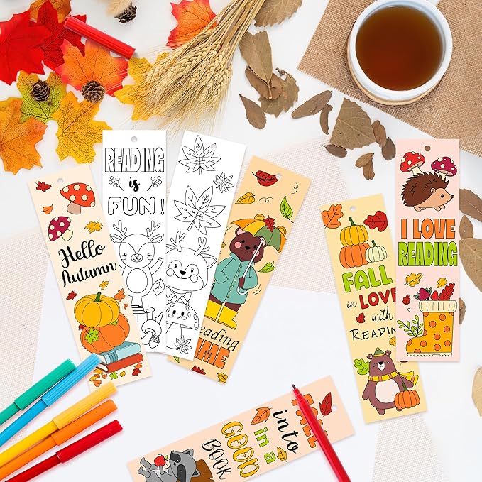 Fall Animal Color Your Own Bookmarks for Kids -120Pcs Fall DIY Coloring Blank Bookmark with Squirrel Hedgehog Classroom Art Craft Supplies for Students Halloween Thanksgiving Reward Goodie Fillers