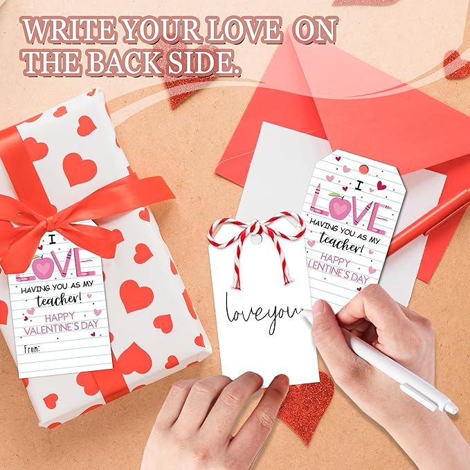 50Pcs Teacher Valentine's Day Tag - Happy Valentine Tags with String, Teacher Gift Label Idea Valentines Activity School Classroom Party Favors