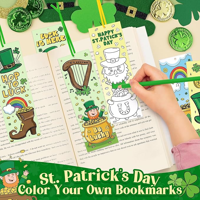100Pcs St. Patrick’s Day Color Your Own Bookmarks Shamrock Lucky Clover DIY Coloring Blank Bookmarks with Ribbon Irish Holiday Art Crafts Supplies Classroom Reward Gifts Party Favors for Kids Students