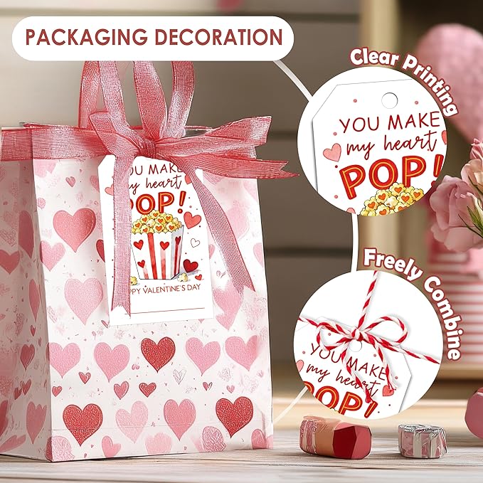 You Make My Heart Pop Valentines Gift Tags, 50 Pcs Valentine Tags with String, Valentines Day Thank You Gift Label for Bags School Classroom Party Favors