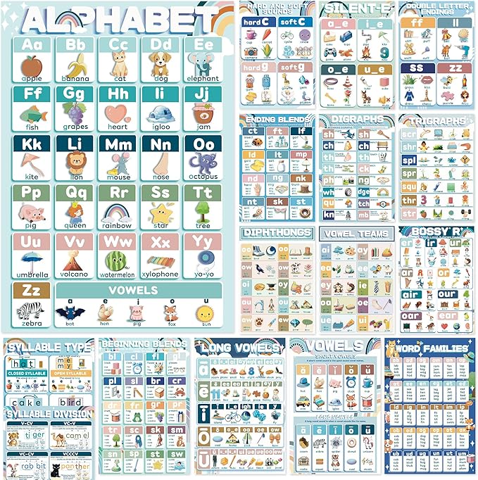 YIYDONG 16 Phonics Posters for Classroom - Learning Posters for Sound Wall Phonics Digraphs Blends Syllable Types Vowel Sounds Poster for Kindergarten, Elementary, Homeschool Supplies (Boho)