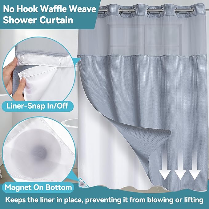 Conbo Mio Stall No Hook Waffle Weave Shower Curtain with Snap in Liner Set, Hotel Luxury Grey Shower Curtains for Bathroom with See Through Top Window, Waterproof, Washable 54W x 74H