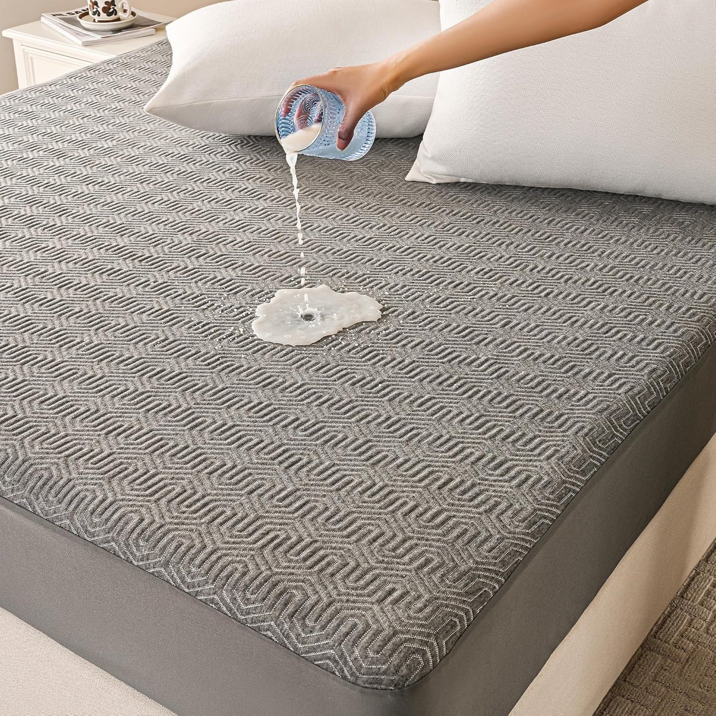 GRT Queen Mattress Protector Waterproof, Breathable Bamboo Charcoal Fiber Mattress Cover, Noiseless and Odor Free Upgraded Mattress Protector with Double-Barrier Protection, 8"-26" Deep Pocket