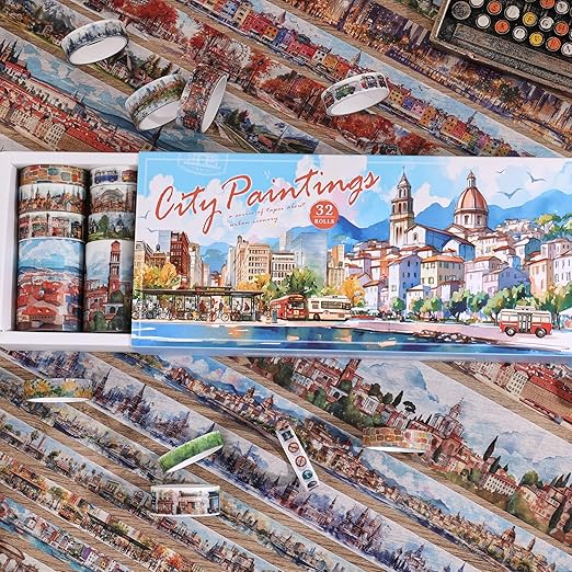 32 Rolls Vintage Washi Tape Set, European Cityscapes with Architectures & Scenery, Writable Decorative Tapes for Scrapbooking, Junk Journal Bullet Journal Supplies 8-50mm Wide, Artistic Adhesive Tape