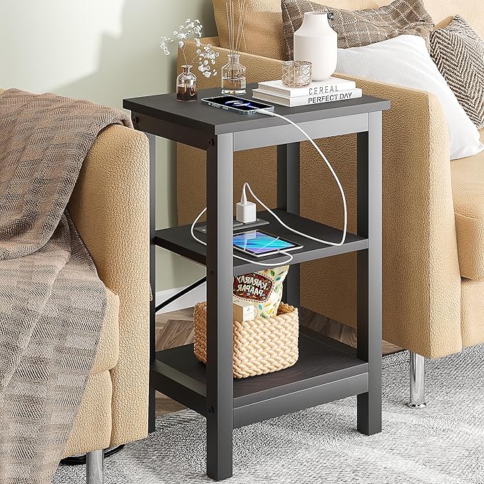 VECELO Modern Nightstands with Charging Station,Side End Table Night Stand with Storage Shelf for Small Spaces, Bedroom,Living Room