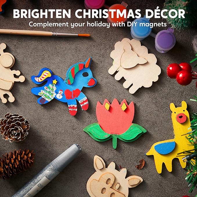 JOYIN 12 Wooden Magnet Creativity Arts & Crafts Painting Kit for Kids, Decorate Your Own Painting Gift for Easter Basket Stuffers, Birthday Parties and Family Crafts, Party Favors for Boys Girls