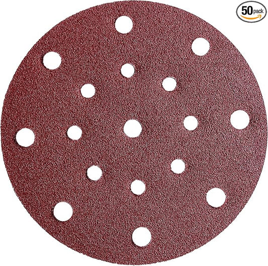 POWERTEC 45812, 6" x17 Holes, 120 Grit, A/O Hook and Loop Disc for Festool RO150 / ETS 150 Sander, Red, 50PK
