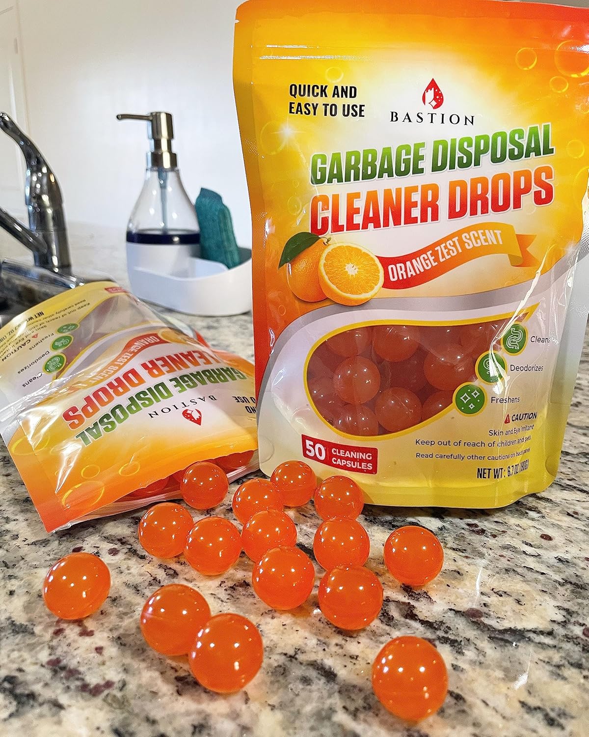 Bastion Garbage Disposal Cleaner and Deodorizer Drops- [[50-Count]] Orange Zest Scented Kitchen Sink Freshener Pods & Drain Odor Eliminator Disposer Care Balls
